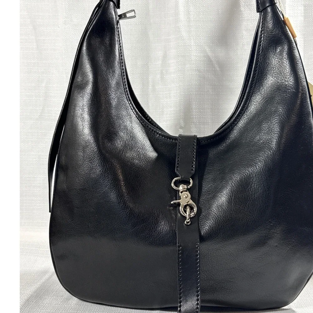 Vera Pelle Italiana Black Vegetable Tanned Leather Hobo Bag Made in Italy NWT